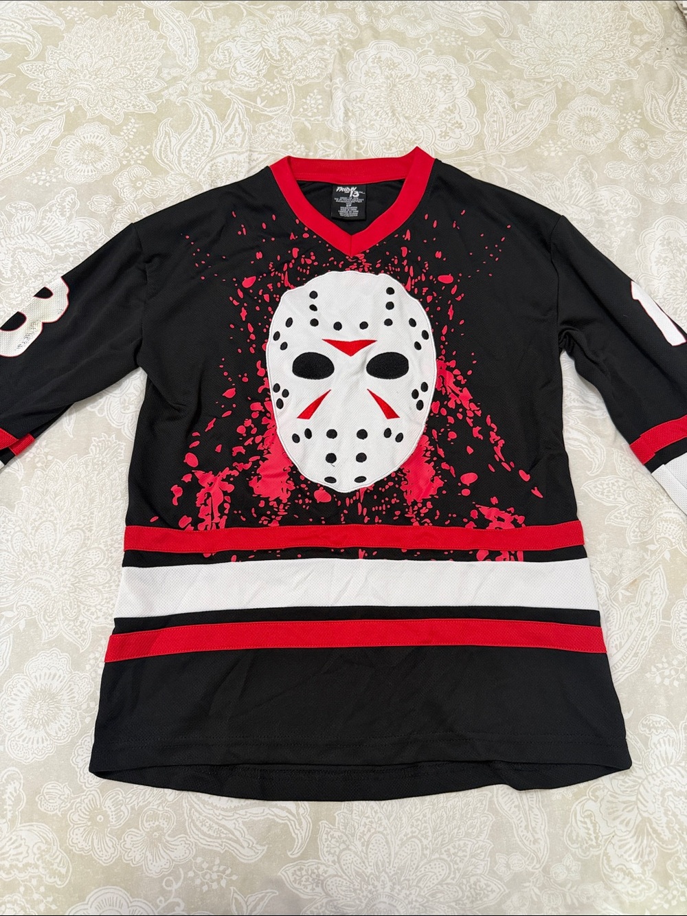 Black Hockey Jersey with Jason Mask Graphic - Red & White Accents